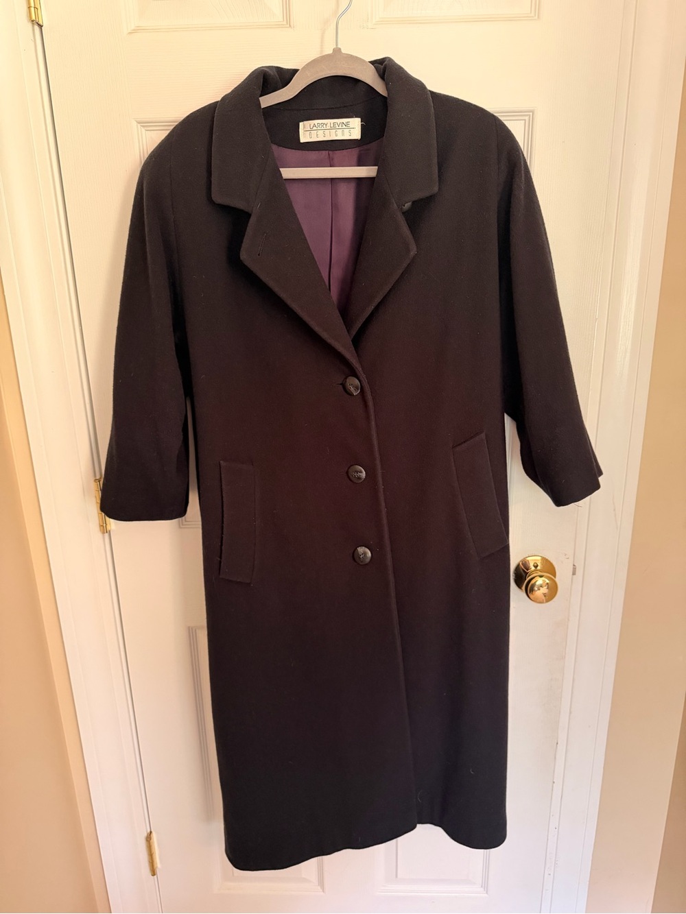 Vintage Larry Levine Black Long Wool-Blend Coat with Burgundy Lining